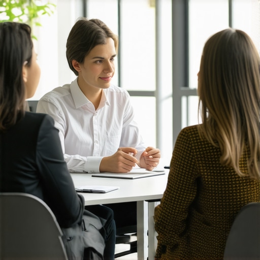 Family lawyer discussing case strategy with clients in office