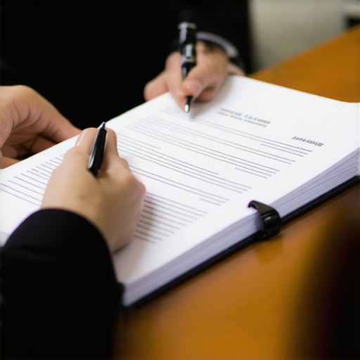 Lawyer analyzing case files with client in a legal office