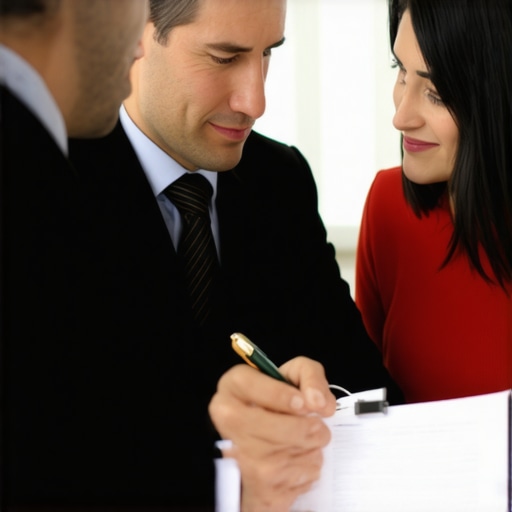 Lawyer consulting with family client over legal documents.