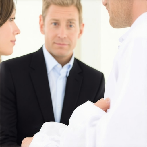 Family law attorney advising client with legal documents in courtroom setting