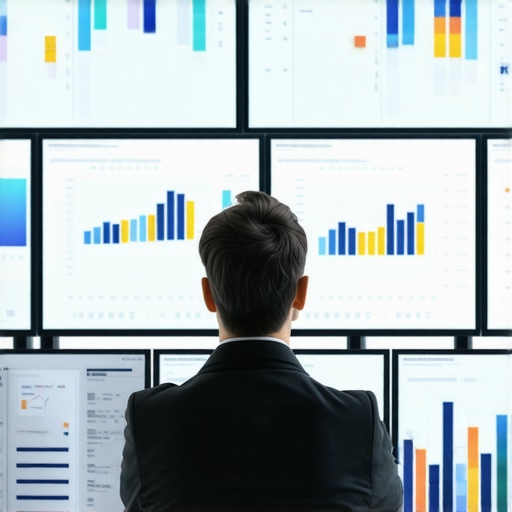 Forensic accountant analyzing financial data on multiple screens.