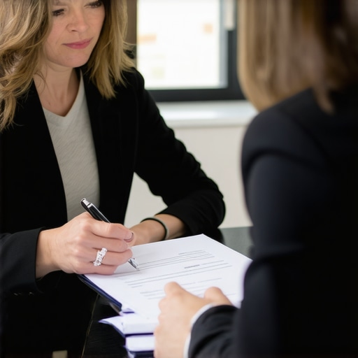 Lawyer analyzing complex family dispute documents with client
