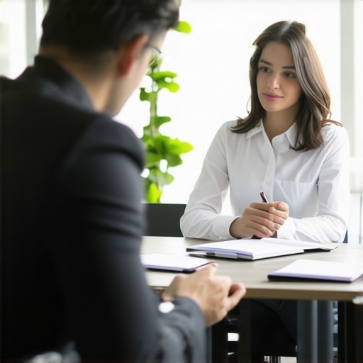 Legal professional discussing case strategies with a client in office setting.