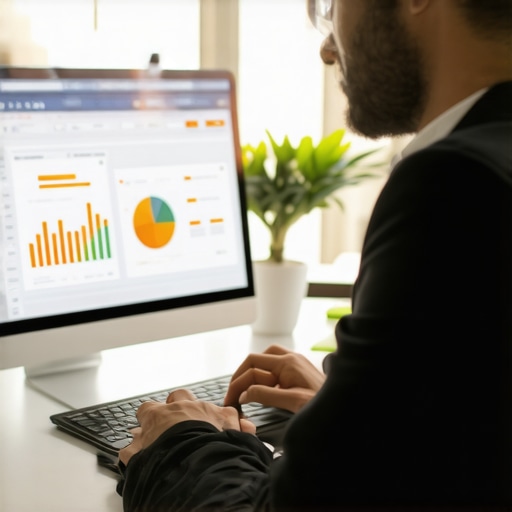 A lawyer working with digital analytics and legal documents in a modern office setting.