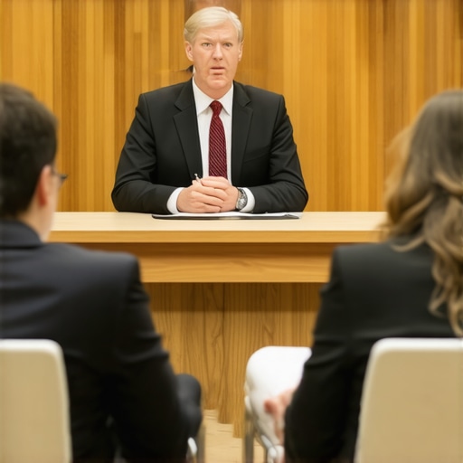 Legal Dispute Resolution in Family Law Lawyer guiding clients in a courtroom during family law dispute resolution