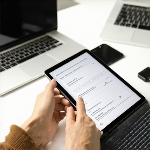 Person organizing legal documents using a tablet and laptop, illustrating technology use for case management.