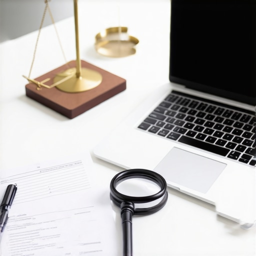 A professional workspace featuring a laptop, legal files, and digital case management tools.