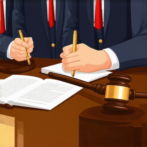 Legal professionals reviewing case documents before court