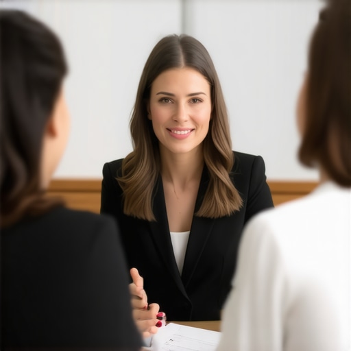 Family lawyer explaining litigation steps to a client in a professional office.