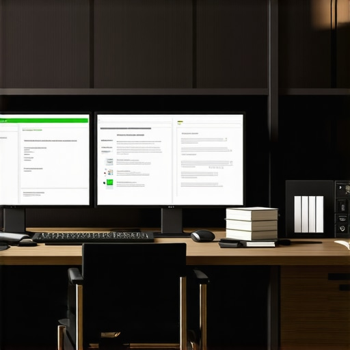 A modern lawyer's desk featuring computers, legal files, and security devices.