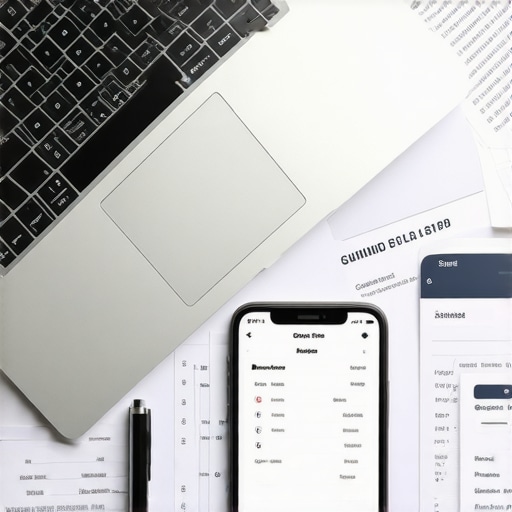 A professional workspace featuring a laptop, legal documents, and a smartphone showing legal management apps.