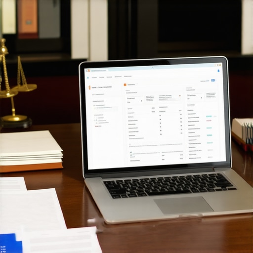 A clean, organized lawyer's desk with digital tools and legal documentation