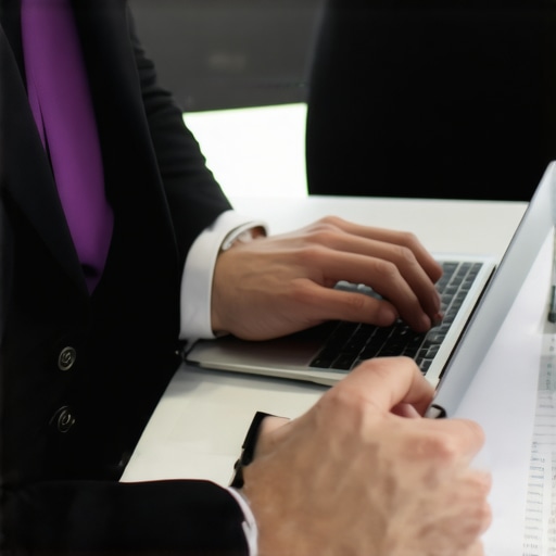 Digital Tools for Modern Family Law Practice A lawyer using a laptop with legal software open, surrounded by family law documents in an office