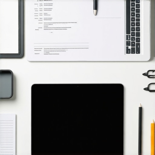 Efficient Legal Workspace Setup A modern home office with legal documents and a laptop showing case management software