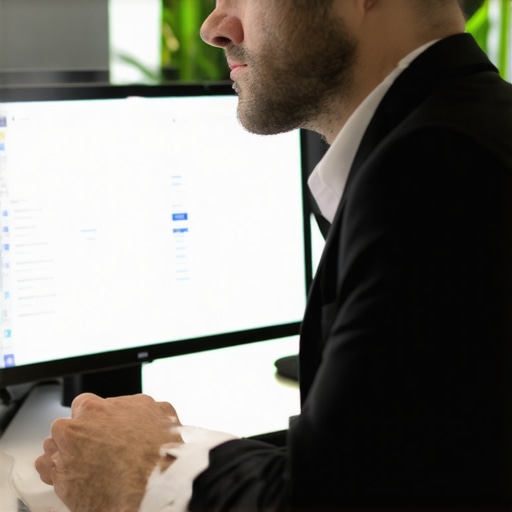 Lawyer at computer analyzing case documents with digital tools