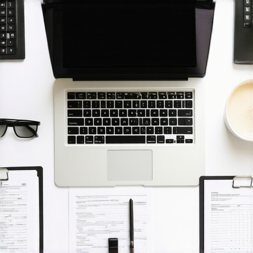 A workspace with a laptop displaying legal software, documents, and a notepad, illustrating case management tools in use.