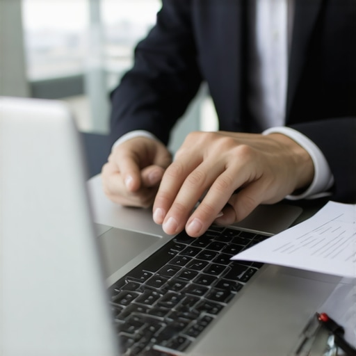 Lawyer working with digital tools on a laptop in a legal office