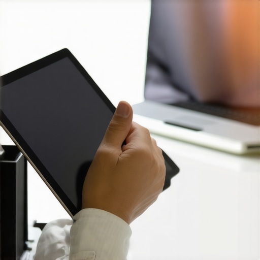 Lawyer managing cases digitally during client meeting