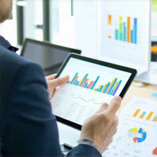 Lawyer analyzing digital documents and legal data on a tablet in an office environment