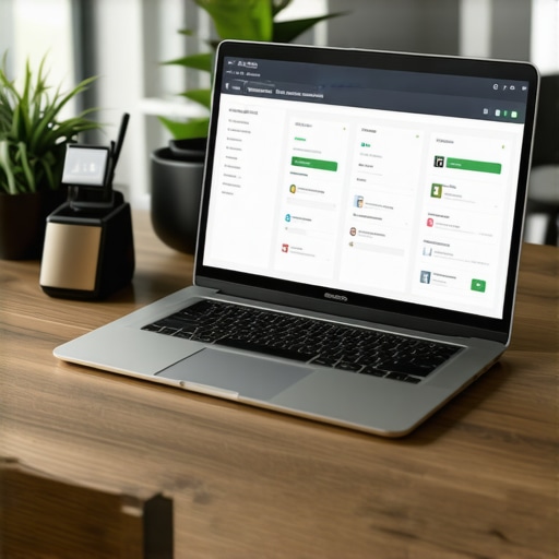 A lawyer's desk showing a laptop with case management software, cloud storage icons, and organized documents