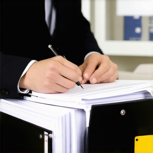 A person meticulously organizing legal documents for a custody case, showcasing both physical folders and digital files.