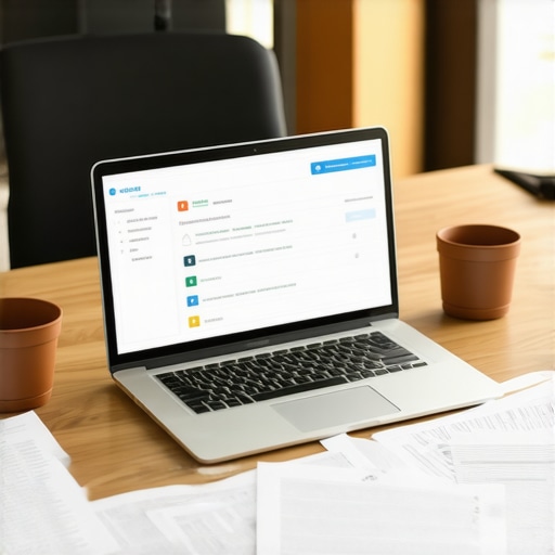 Legal professional's desk with case management software and documents.